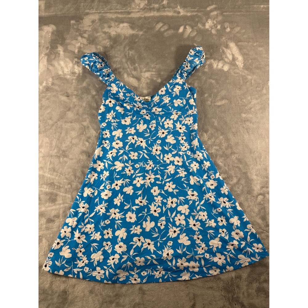 Lovely Day Blue White Floral Ruffle Sleeve V-Neck Mini Dress Medium